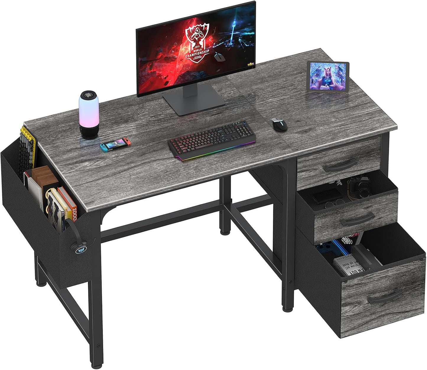 Lufeiya Computer Desk with Fabric File Drawers Cabinet, 47 Inch Reversible Home Office Desks with Filing Cabinet for Small Space, Study Writing Table PC Desks, Rustic Brown