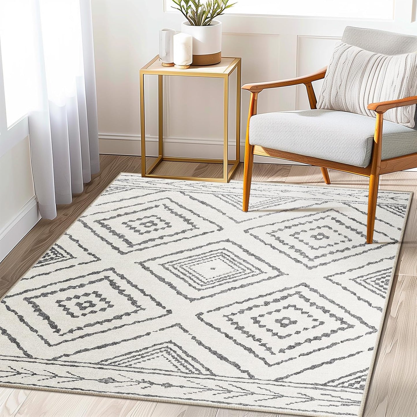 Area Rug 8x10 Rug Machine Washable Non-Slip Low Pile Print Pattern Western Rug for Living Room Bedroom Entryway Tribal Series -Cream/Camel
