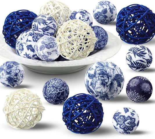 36 Pcs Blue and White Ornaments Chinoiserie Fabric Ball Decoration for Centerpiece Bowls 2. 4 Inch Wicker Rattan Balls 1. 57 Inch Decor Spheres Xmas Party Vases Home Table Decor(Classic)