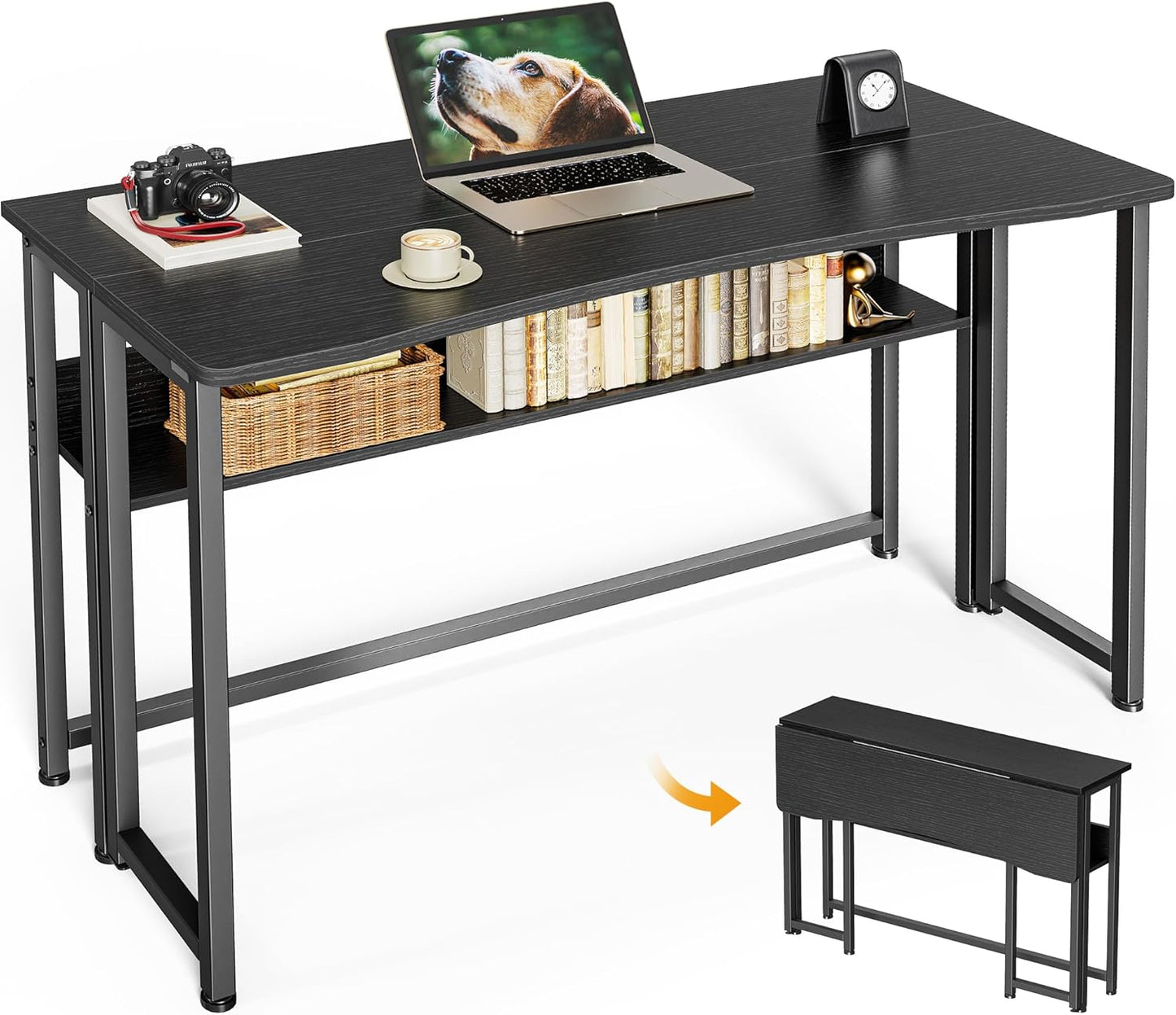 Huuger Folding Desk with Storage Shelf, 39.3 Inch Foldable Computer Table for Small Spaces, Space Saving Sofa Table for Couch, Writing Work Office Computer Desk, Easy to Fold, Oak