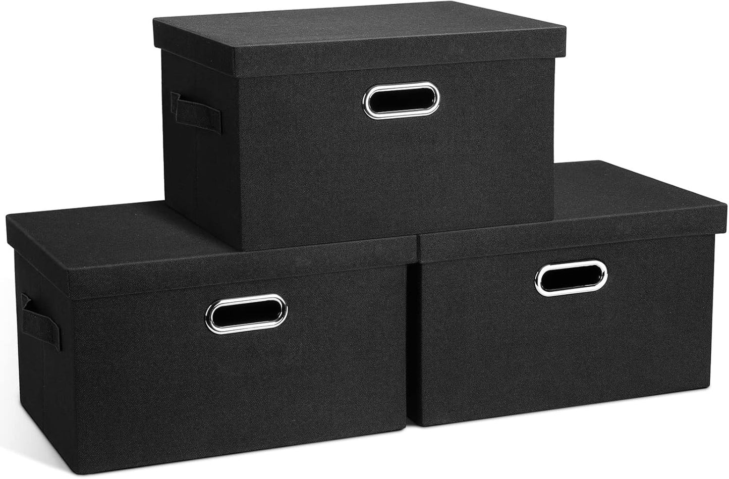 Large 17" 36 Quart Collapsible Stackable Storage Bins with Lids, 3 Packs Beige Linen Fabric Closet Boxes with Lids, Storage Cube Baskets Container Organizers for Bedroom Office(17 x12 x11)