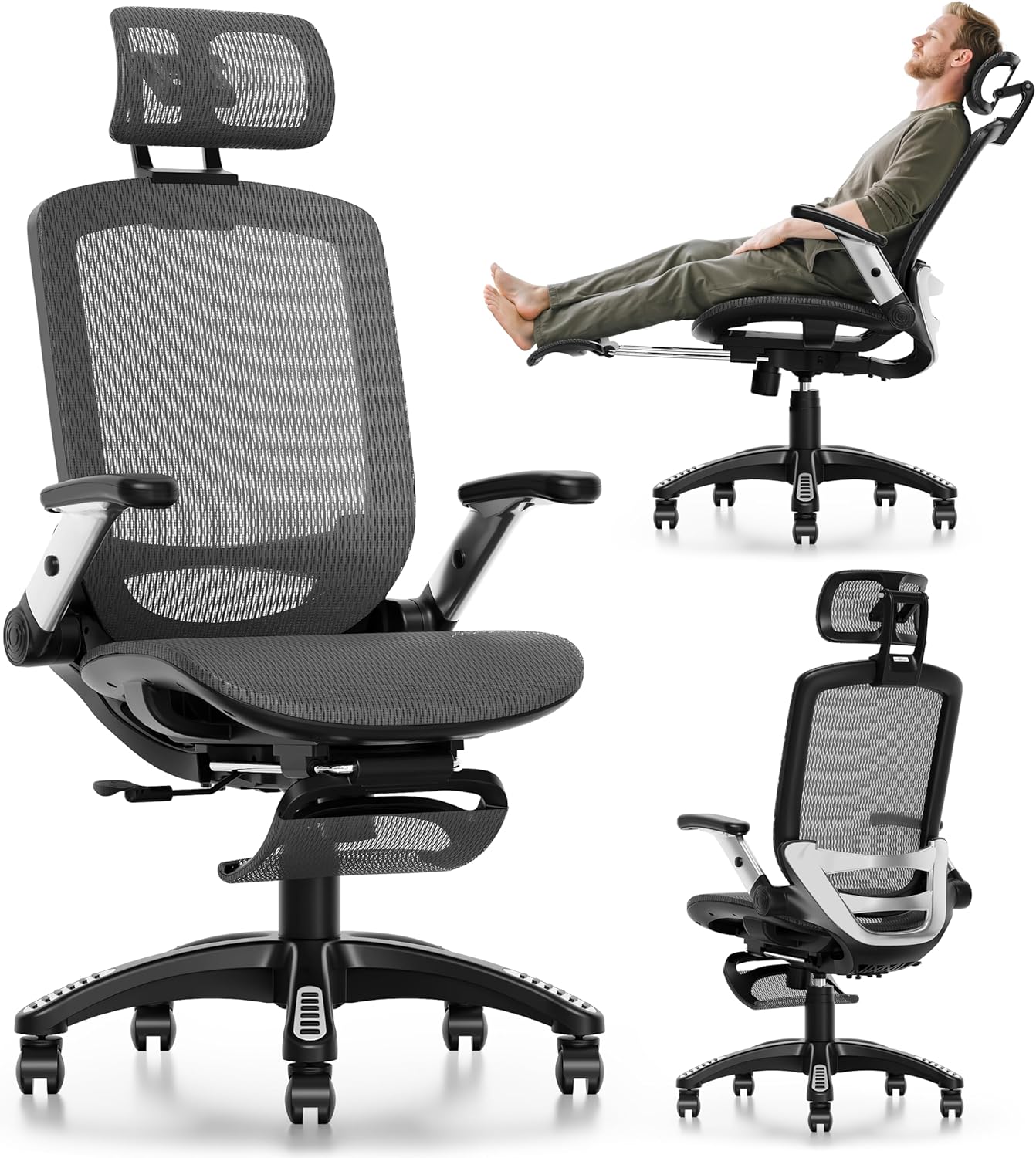 GABRYLLY Ergonomic Office Chair, High Back Home Desk Chair with Headrest, Flip-Up Arms, 90-120° Tilt Lock and Wide Cushion, Big and Tall Mesh Chairs for Man Woman, Black Task Chair