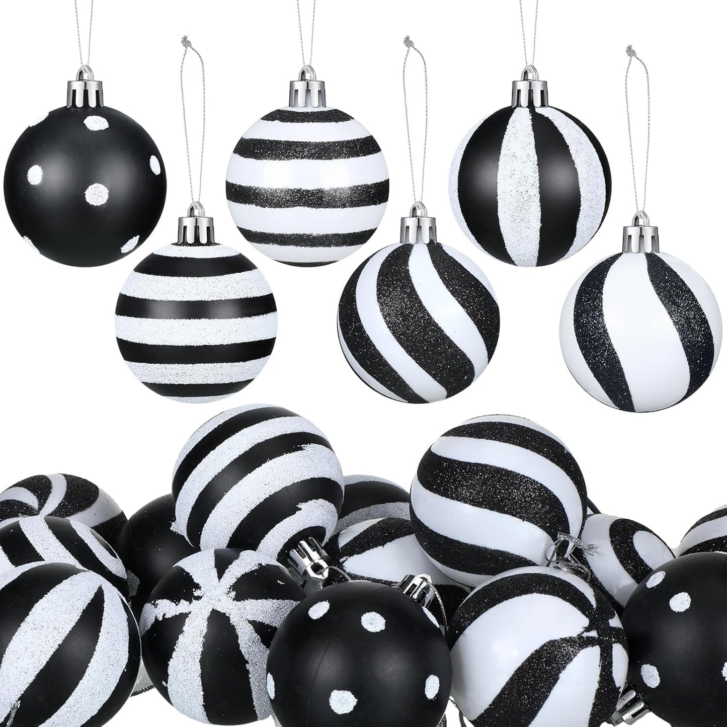 Riceshoot 24 Pcs Christmas Black and White Ball Ornaments Xmas Plastic Stripe Dot Hanging Ball for Christmas Tree Party Decoration Supplies(3.15 Inch)