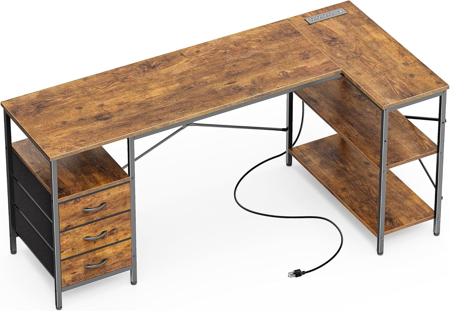 Huuger L Shaped Office Desk with Power Outlets, 47 Inch Computer Desk with 3 Drawers, Shelves, for Gaming, Corner Work, Home Office, Study, Rustic Brown