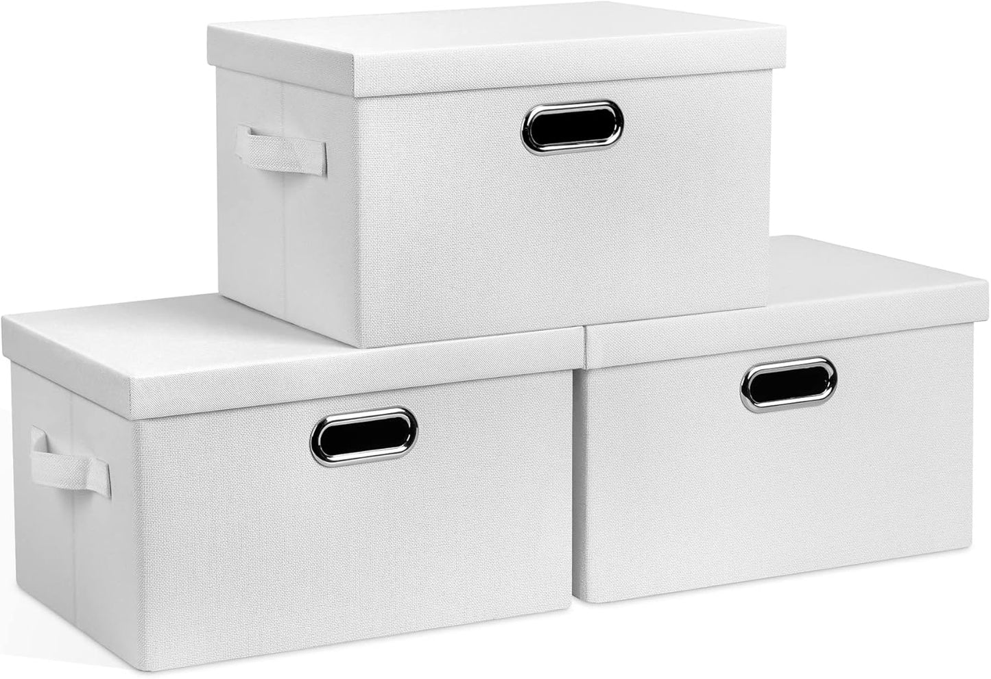 Large 17" 36 Quart Collapsible Stackable Storage Bins with Lids, 3 Packs Beige Linen Fabric Closet Boxes with Lids, Storage Cube Baskets Container Organizers for Bedroom Office(17 x12 x11)