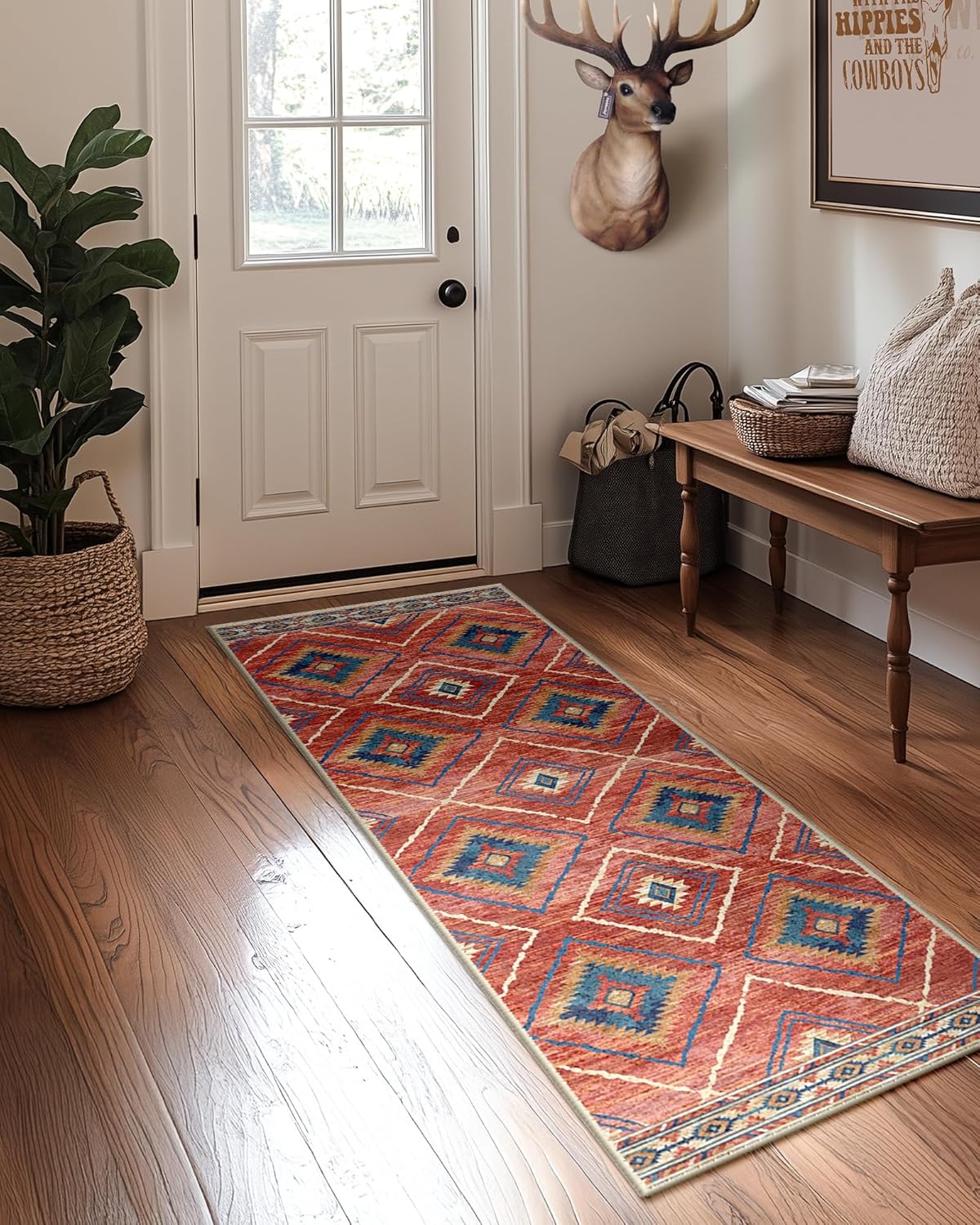 Area Rug 8x10 Rug Machine Washable Non-Slip Low Pile Print Pattern Western Rug for Living Room Bedroom Entryway Tribal Series -Cream/Camel