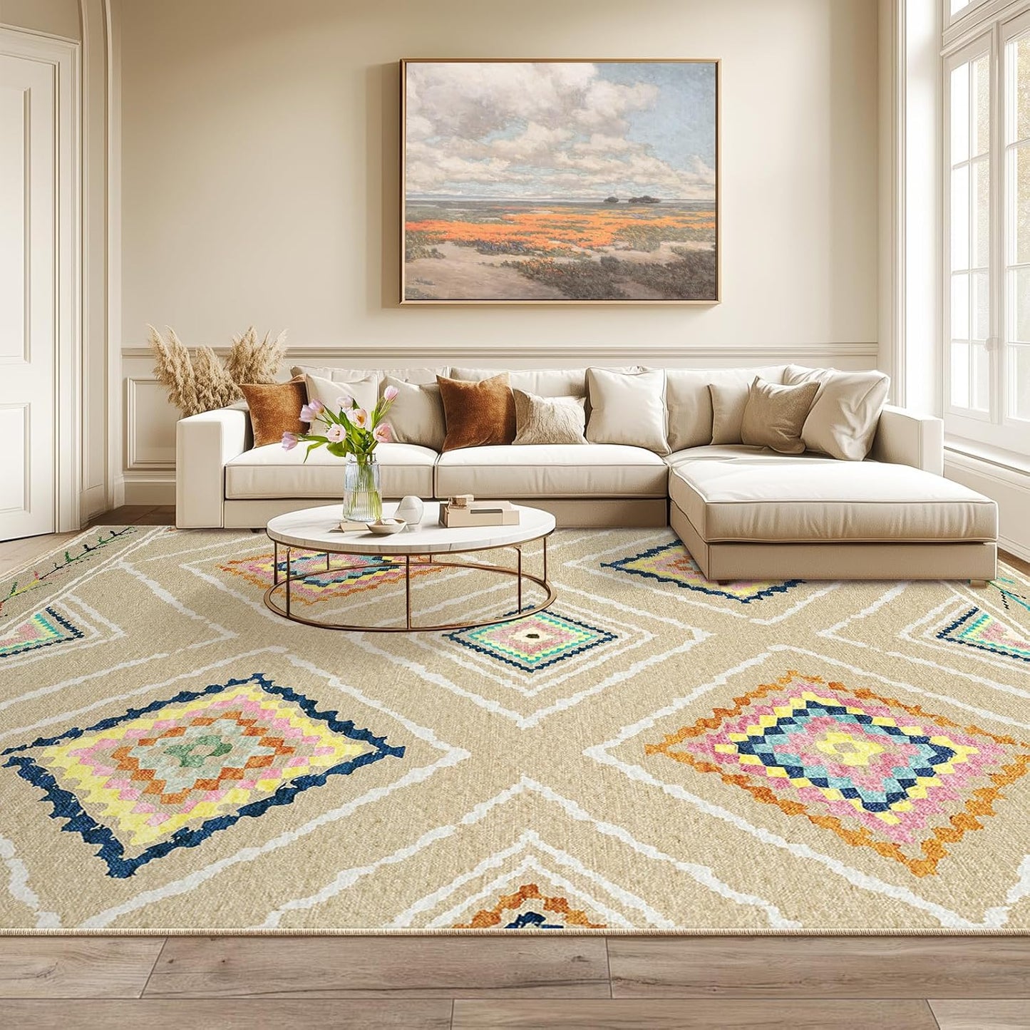 Area Rug 8x10 Rug Machine Washable Non-Slip Low Pile Print Pattern Western Rug for Living Room Bedroom Entryway Tribal Series -Cream/Camel