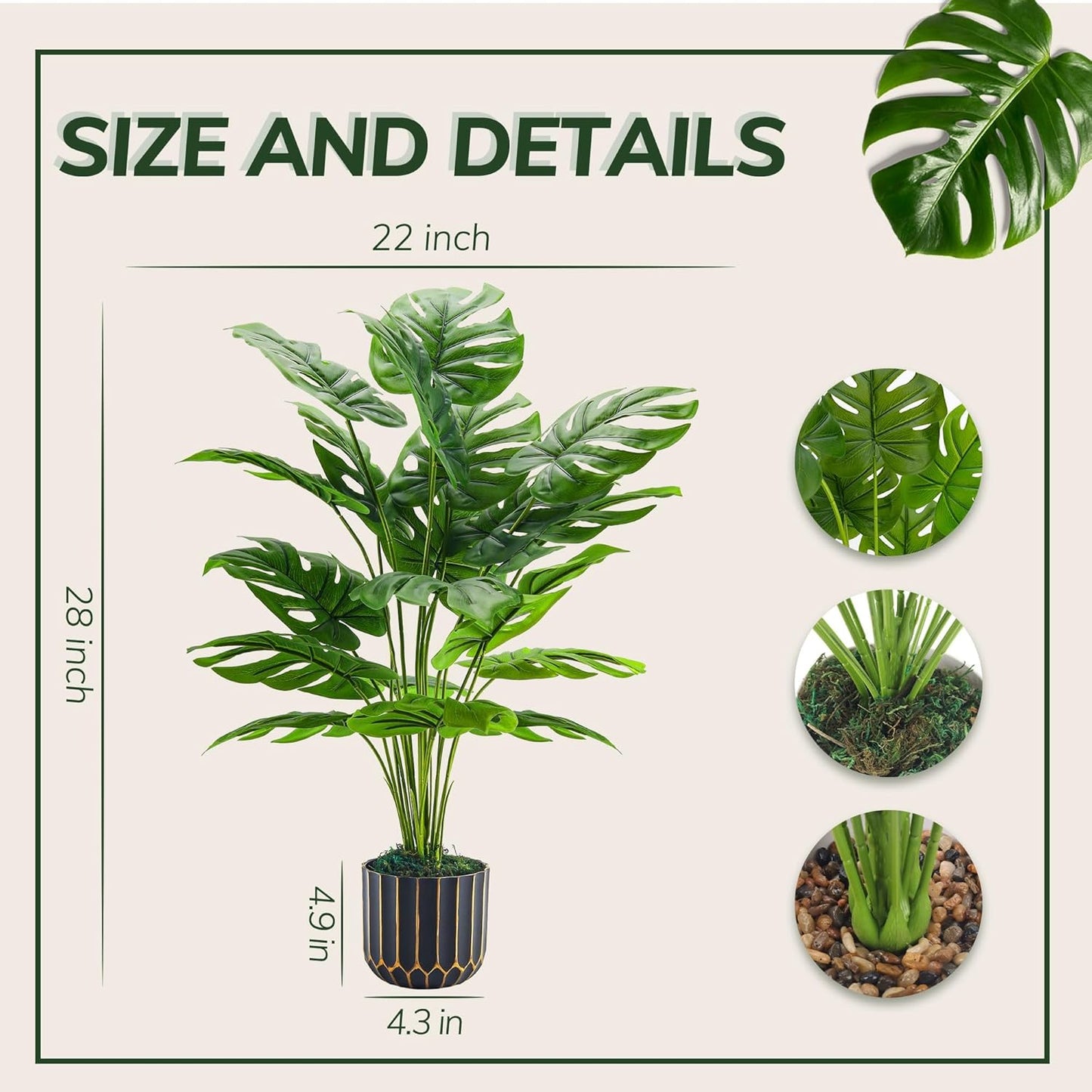 Der Rose Fake Plants Tall 28'' Artificial Monstera Faux Plants Indoor for Living Room Home House Decor