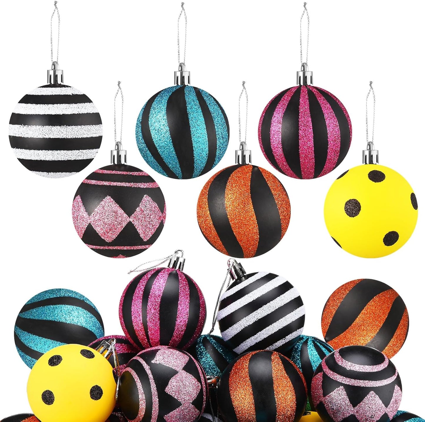 Riceshoot 24 Pcs Christmas Black and White Ball Ornaments Xmas Plastic Stripe Dot Hanging Ball for Christmas Tree Party Decoration Supplies(3.15 Inch)