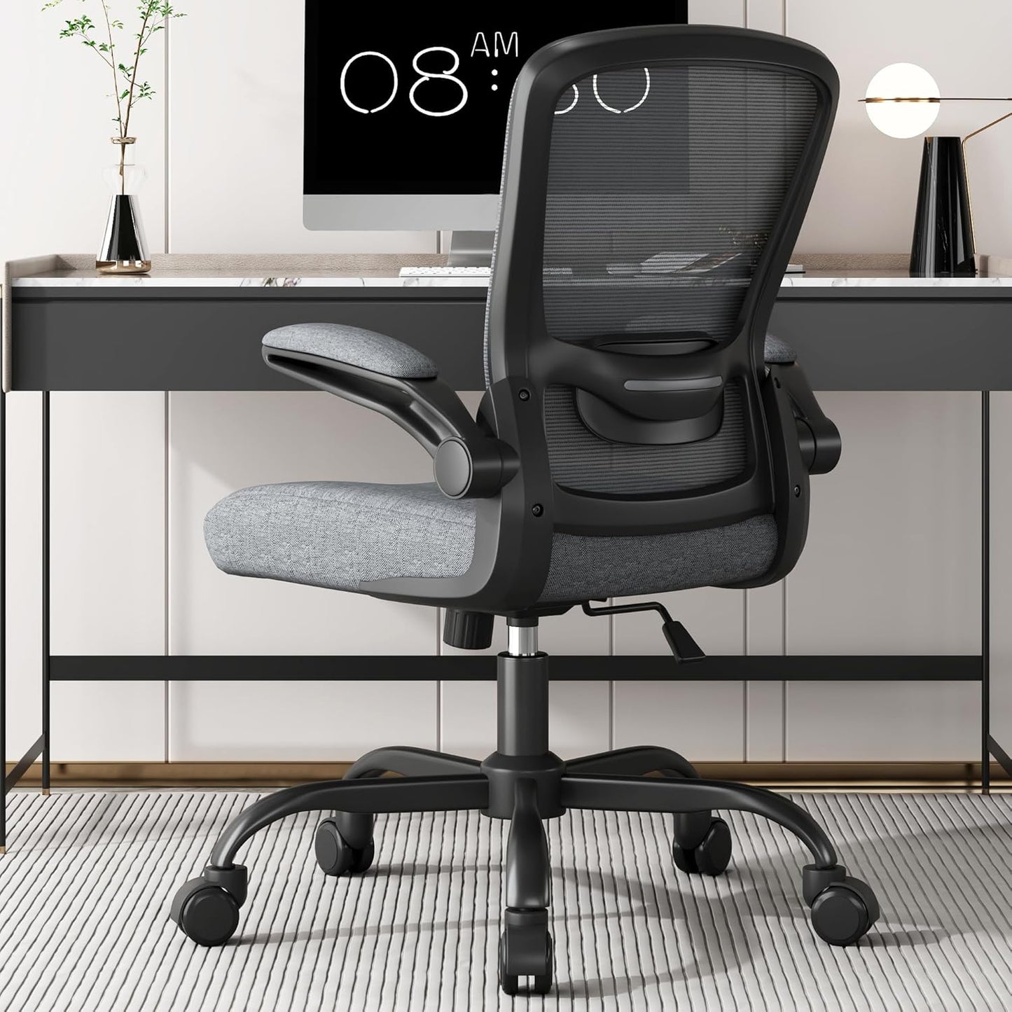 Mimoglad Ergonomic Office Chair - BIFMA Certified, Flip-up Armrests & 135° Recline, Adjustable Lumbar Support - Space-Saving Task Chair for Business/Team Office & Home (Black, 300lbs)
