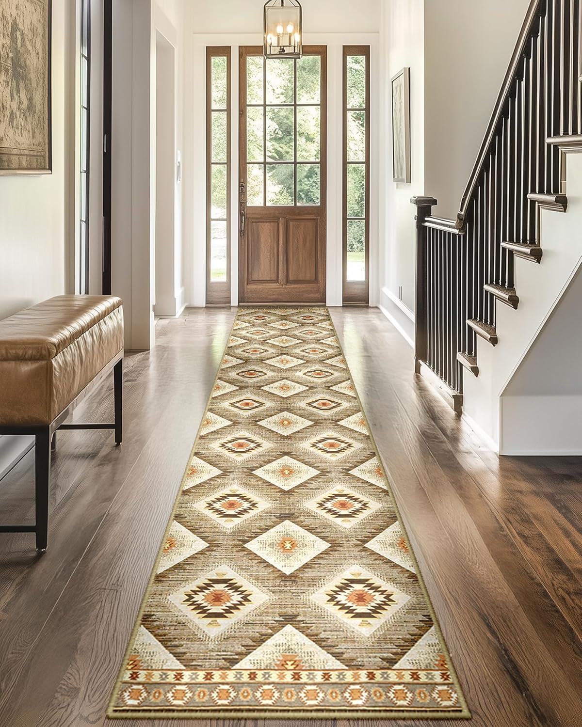 Area Rug 8x10 Rug Machine Washable Non-Slip Low Pile Print Pattern Western Rug for Living Room Bedroom Entryway Tribal Series -Cream/Camel
