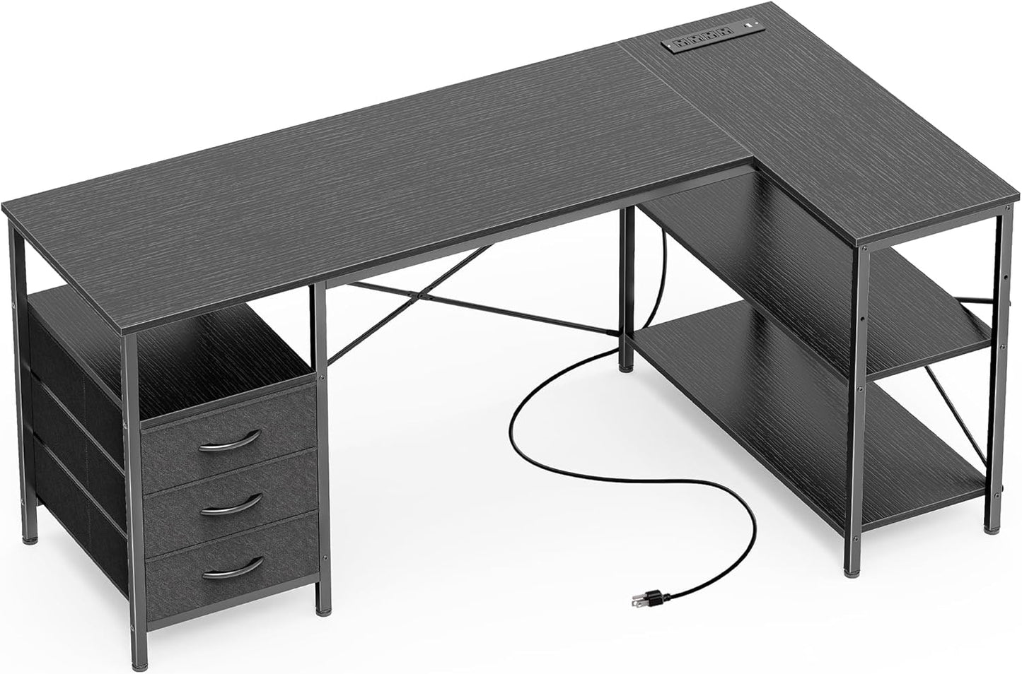 Huuger L Shaped Office Desk with Power Outlets, 47 Inch Computer Desk with 3 Drawers, Shelves, for Gaming, Corner Work, Home Office, Study, Rustic Brown