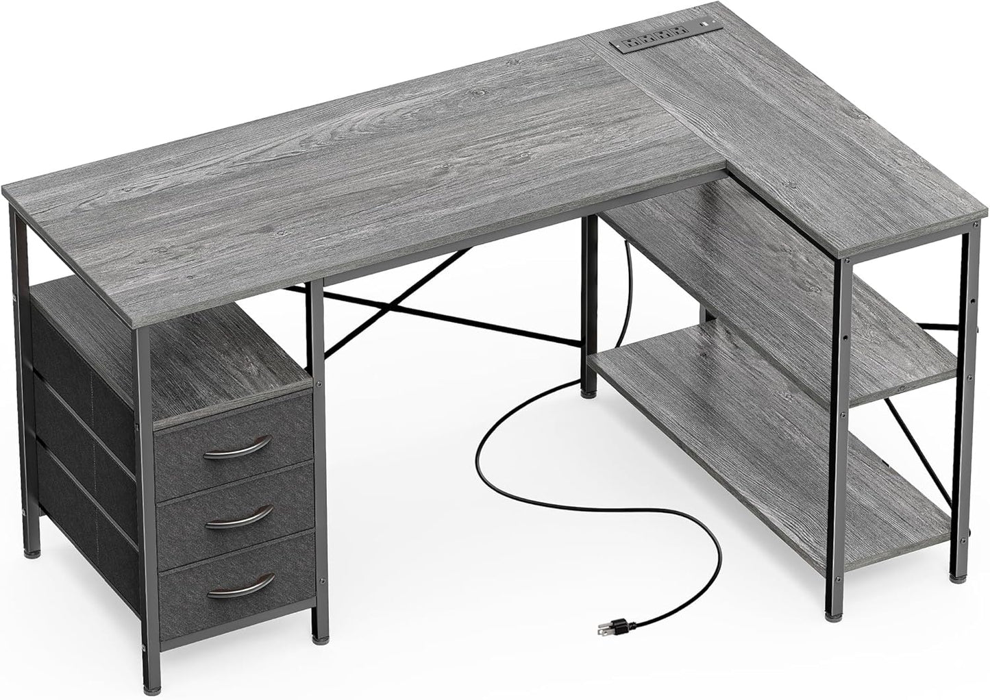 Huuger L Shaped Office Desk with Power Outlets, 47 Inch Computer Desk with 3 Drawers, Shelves, for Gaming, Corner Work, Home Office, Study, Rustic Brown