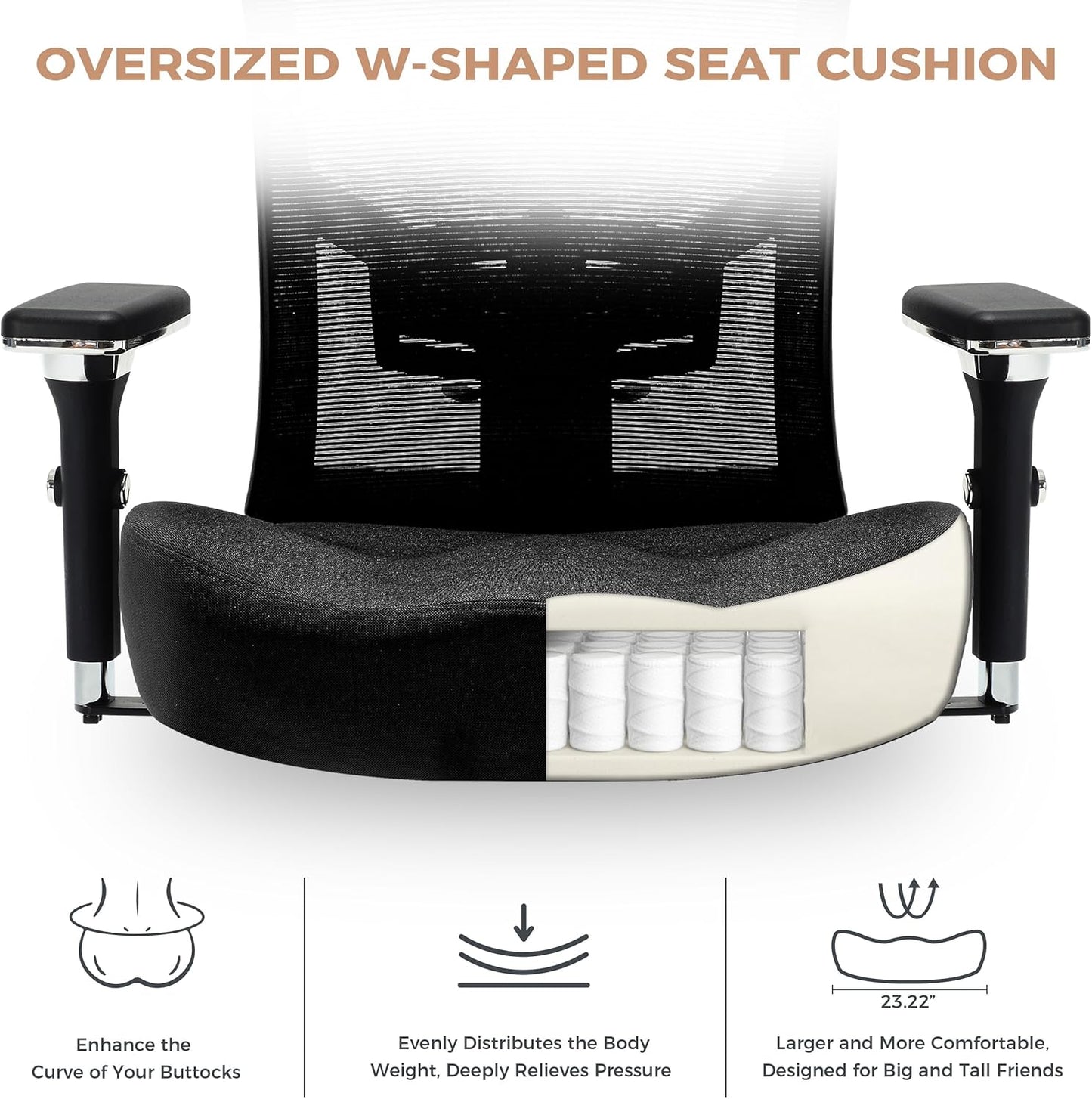 600lbs Big and Tall Office Chair,Oversized Ergonomic Breathable Mesh Desk Chair with W-Shape Thicken Seat Cushion,Computer Chair with Upgraded 4D Armrest,Lumbar Support for Heavy People All Day