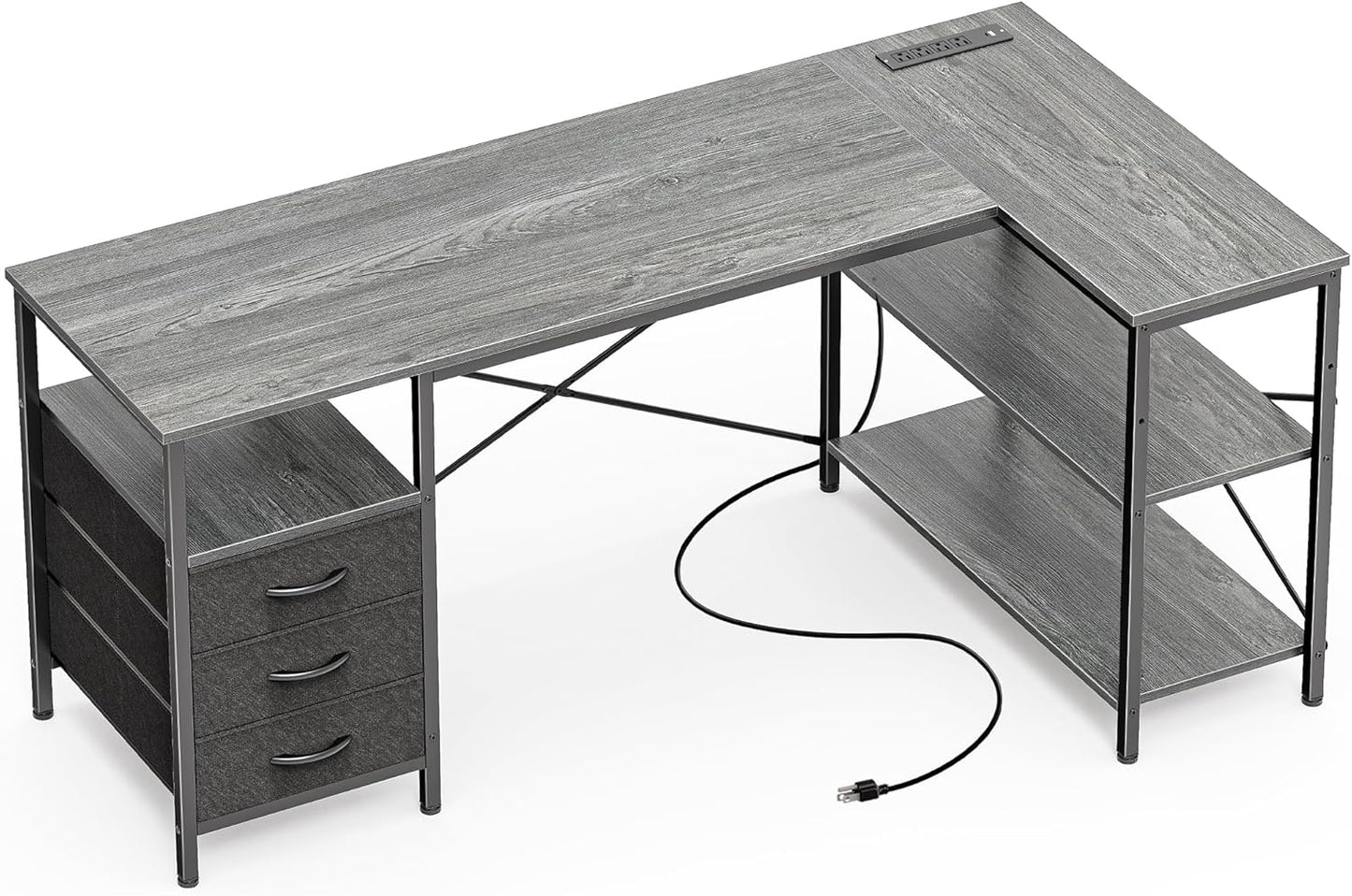 Huuger L Shaped Office Desk with Power Outlets, 47 Inch Computer Desk with 3 Drawers, Shelves, for Gaming, Corner Work, Home Office, Study, Rustic Brown