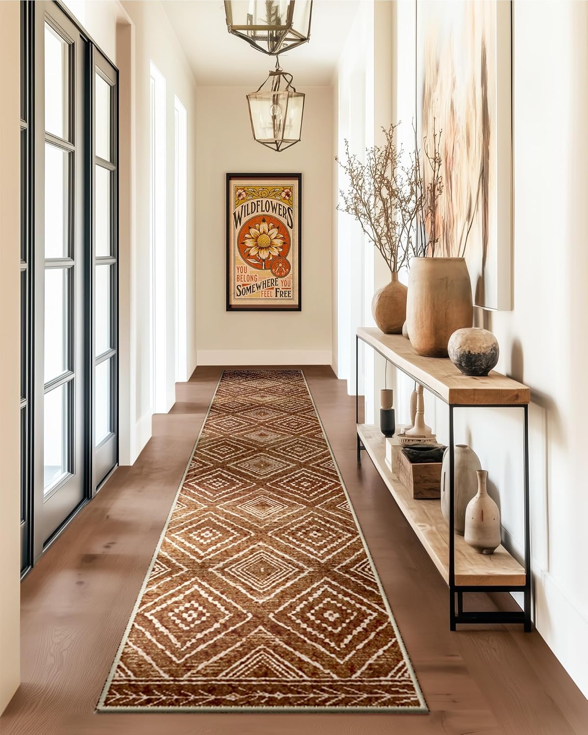 Area Rug 8x10 Rug Machine Washable Non-Slip Low Pile Print Pattern Western Rug for Living Room Bedroom Entryway Tribal Series -Cream/Camel