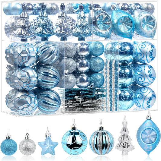 114 Pcs Blue and Silver Christmas Ball Ornaments Set, Xmas Tree Ornament Bulk Decoration, Shatterproof Decorative Hanging Baubles for Party Holiday Wreath Garland Home Decor