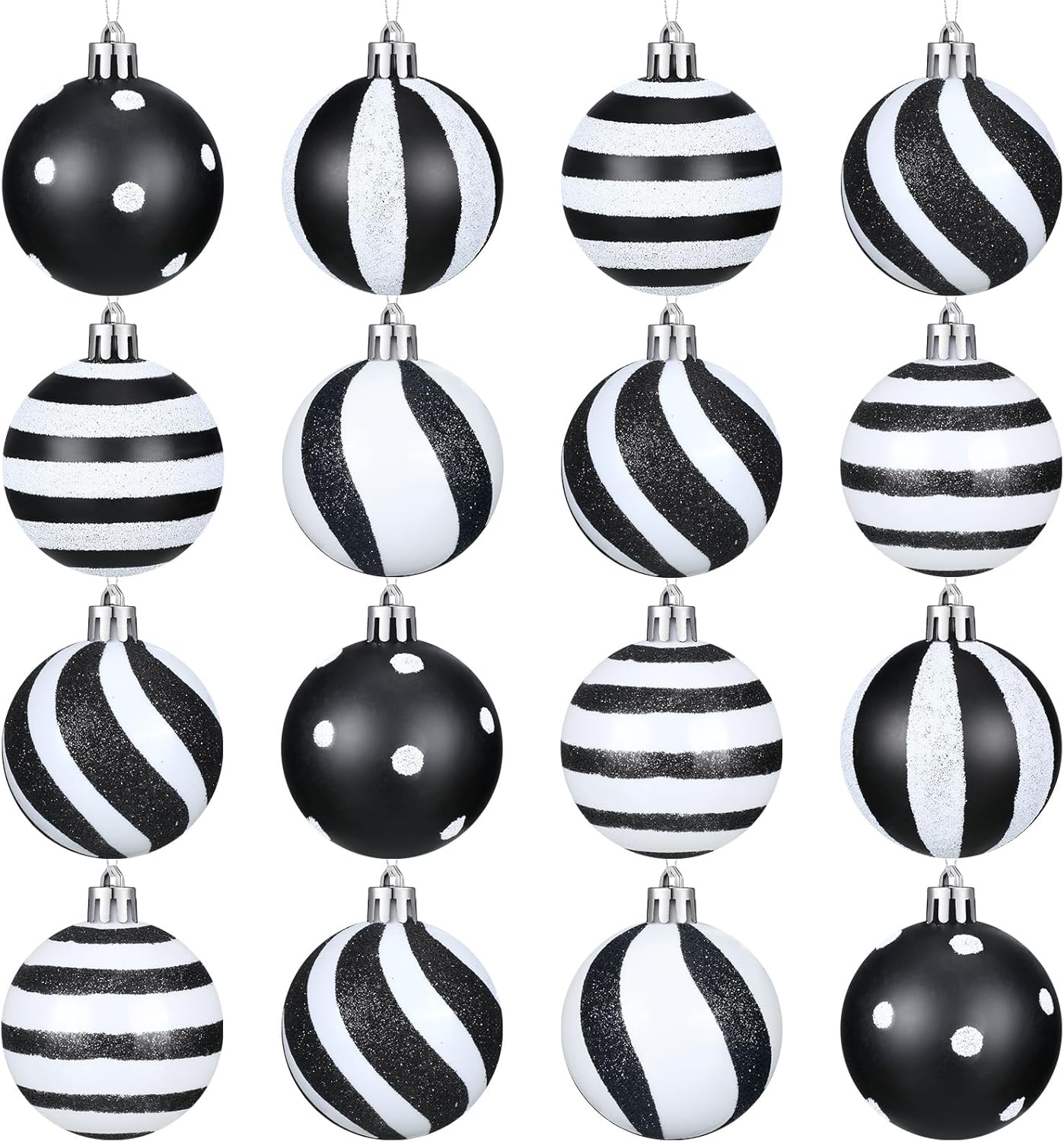 Riceshoot 24 Pcs Christmas Black and White Ball Ornaments Xmas Plastic Stripe Dot Hanging Ball for Christmas Tree Party Decoration Supplies(3.15 Inch)