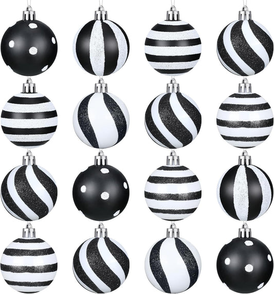 Riceshoot 24 Pcs Christmas Black and White Ball Ornaments Xmas Plastic Stripe Dot Hanging Ball for Christmas Tree Party Decoration Supplies(3.15 Inch)