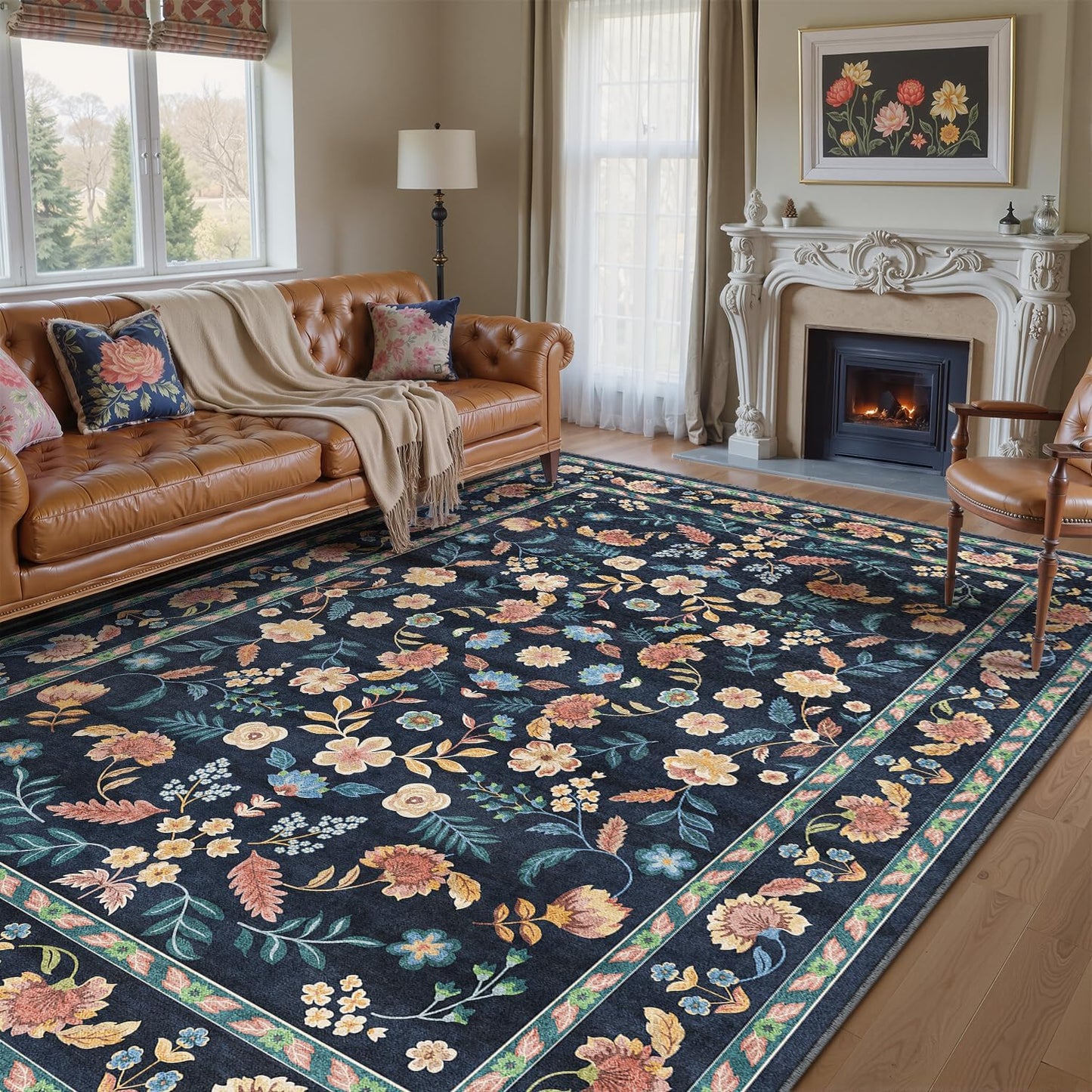 8x10 Machine Washable Rugs Brown Hallway Large Area Rug Indoor Accent Rug Floral Low Pile Carpet Soft Throw Aesthetic Rug Bedroom Living Room Office Dining Room Kitchen Laundry Room