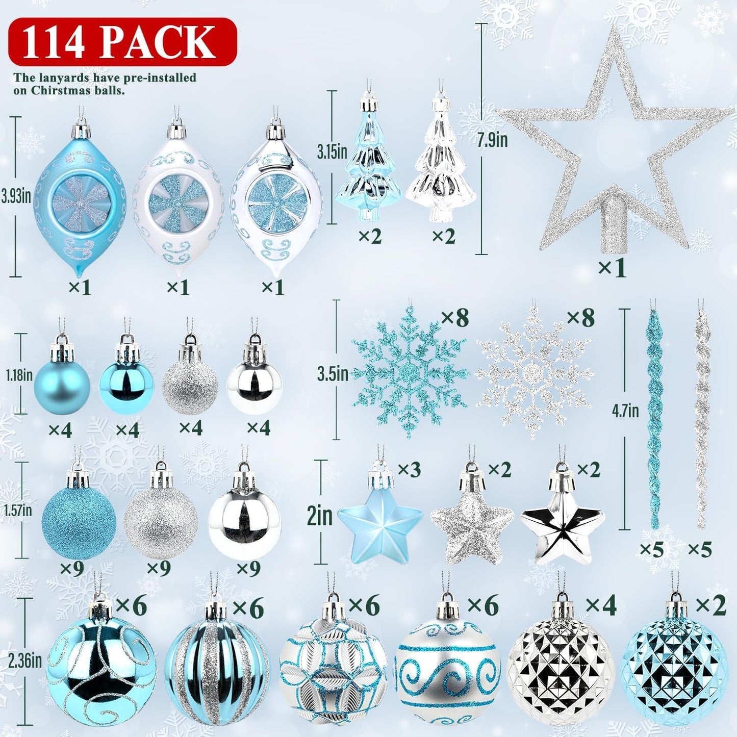 114 Pcs Blue and Silver Christmas Ball Ornaments Set, Xmas Tree Ornament Bulk Decoration, Shatterproof Decorative Hanging Baubles for Party Holiday Wreath Garland Home Decor