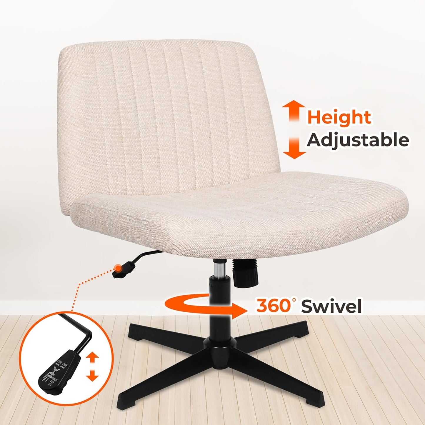 NEO CHAIR Criss Cross Wide Chair Comfy No Wheels Armless Cross Legged Swivel Office Vanity Desk Chair Adjustable Computer Task for Home Office Fabric (Ivory)
