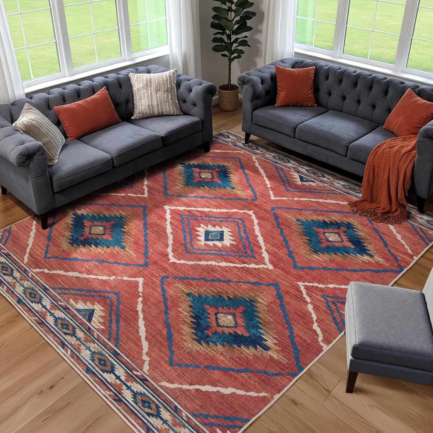 Area Rug 8x10 Rug Machine Washable Non-Slip Low Pile Print Pattern Western Rug for Living Room Bedroom Entryway Tribal Series -Cream/Camel