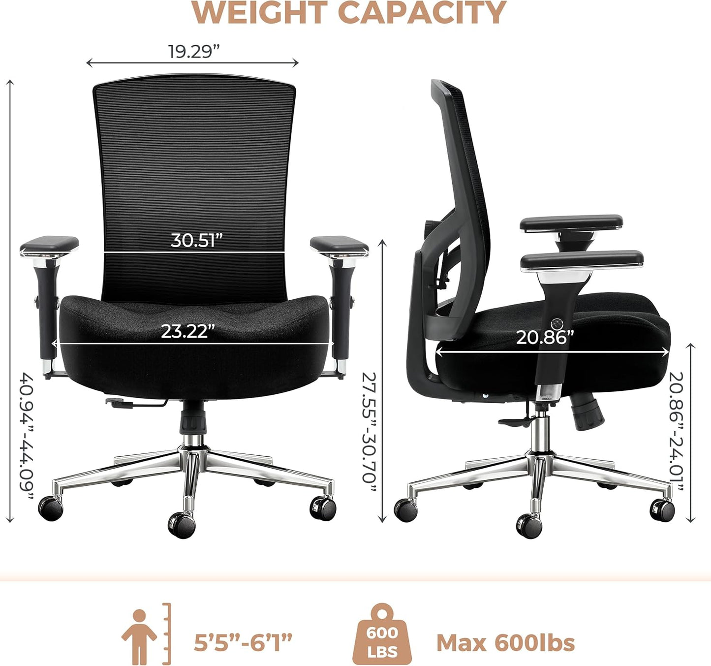 600lbs Big and Tall Office Chair,Oversized Ergonomic Breathable Mesh Desk Chair with W-Shape Thicken Seat Cushion,Computer Chair with Upgraded 4D Armrest,Lumbar Support for Heavy People All Day