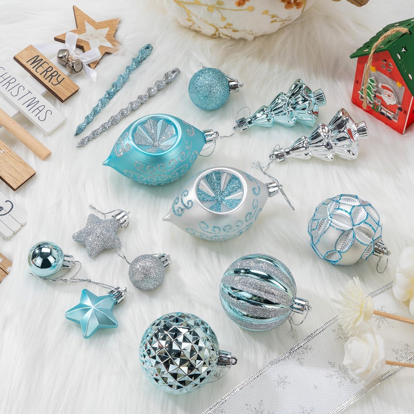 114 Pcs Blue and Silver Christmas Ball Ornaments Set, Xmas Tree Ornament Bulk Decoration, Shatterproof Decorative Hanging Baubles for Party Holiday Wreath Garland Home Decor