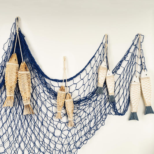 8 Pack Hand Carved Antique Wood Fish Sculpture Decor Ornament with Fishnet, Wooden Nautical Beach Theme Wall Art Hanging Fishing Net Decorations for DIY Party, Lake House, Bathroom Bedroom Blue