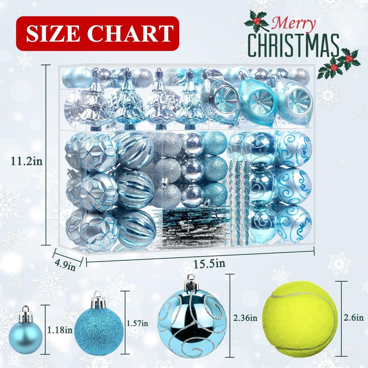 114 Pcs Blue and Silver Christmas Ball Ornaments Set, Xmas Tree Ornament Bulk Decoration, Shatterproof Decorative Hanging Baubles for Party Holiday Wreath Garland Home Decor