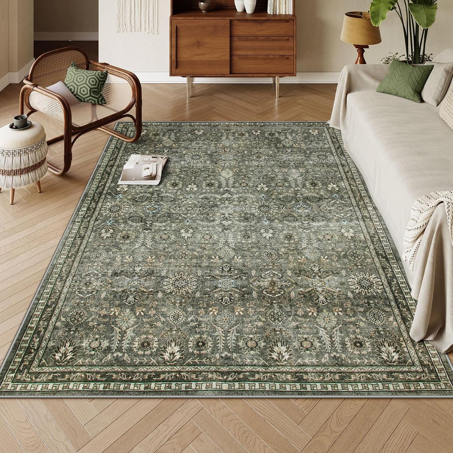 Lahome Green 8x10 Rugs for Living Room, Boho Washable Area Rugs for Bedroom, Rubber Backed Non Slip Floor Carpets for Dining Room Home Apartment, Dark Olive Green
