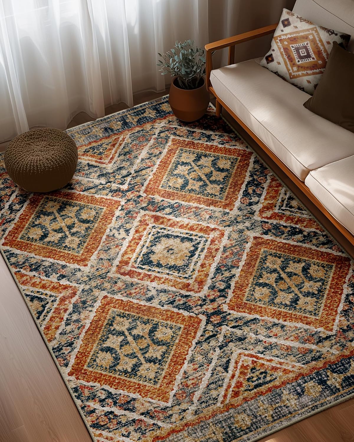 Area Rug 8x10 Rug Machine Washable Non-Slip Low Pile Print Pattern Western Rug for Living Room Bedroom Entryway Tribal Series -Cream/Camel