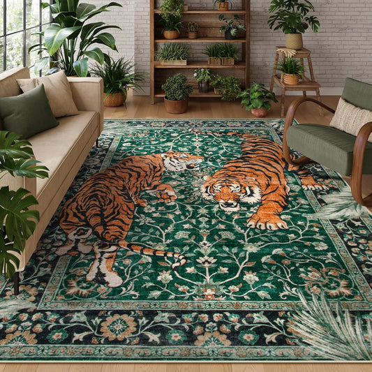 Moynesa Tiger Washable Rugs, 8x10 Area Rugs for Living Room, Soft Large Vintage 8x10 Bedroom Green Rug, Botanical Non Slip Ultra Thin Floor Carpet for Dining Room Home Office