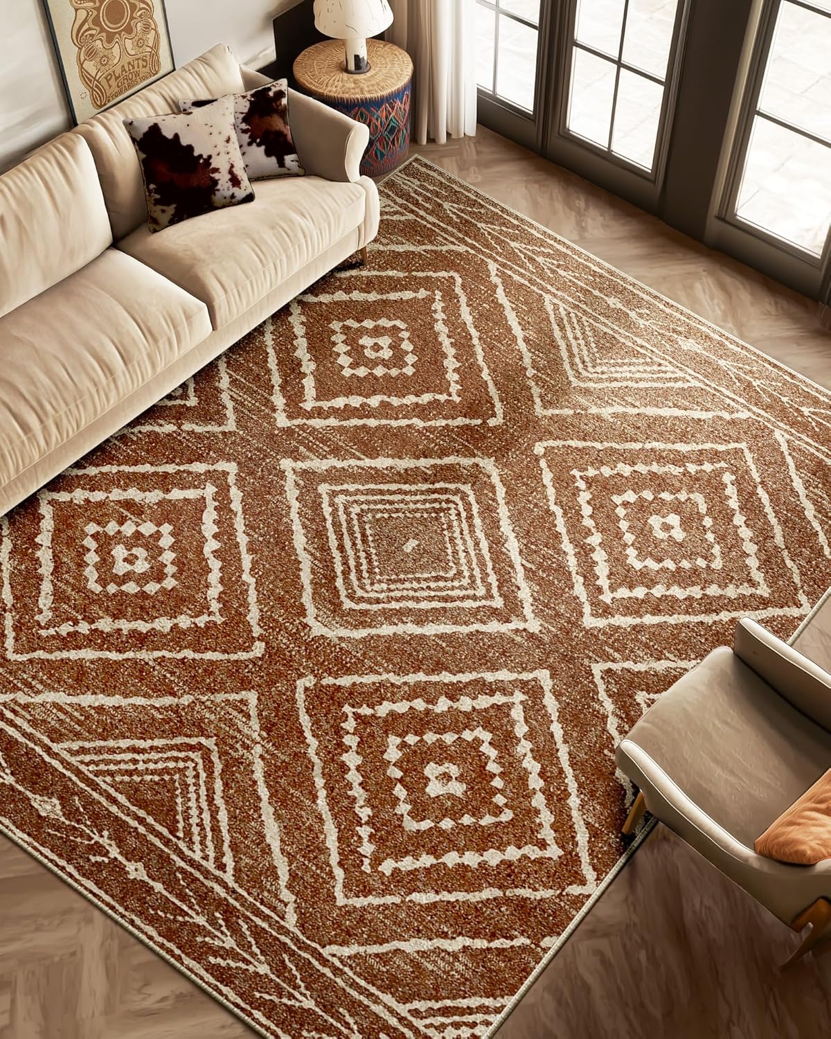 Area Rug 8x10 Rug Machine Washable Non-Slip Low Pile Print Pattern Western Rug for Living Room Bedroom Entryway Tribal Series -Cream/Camel