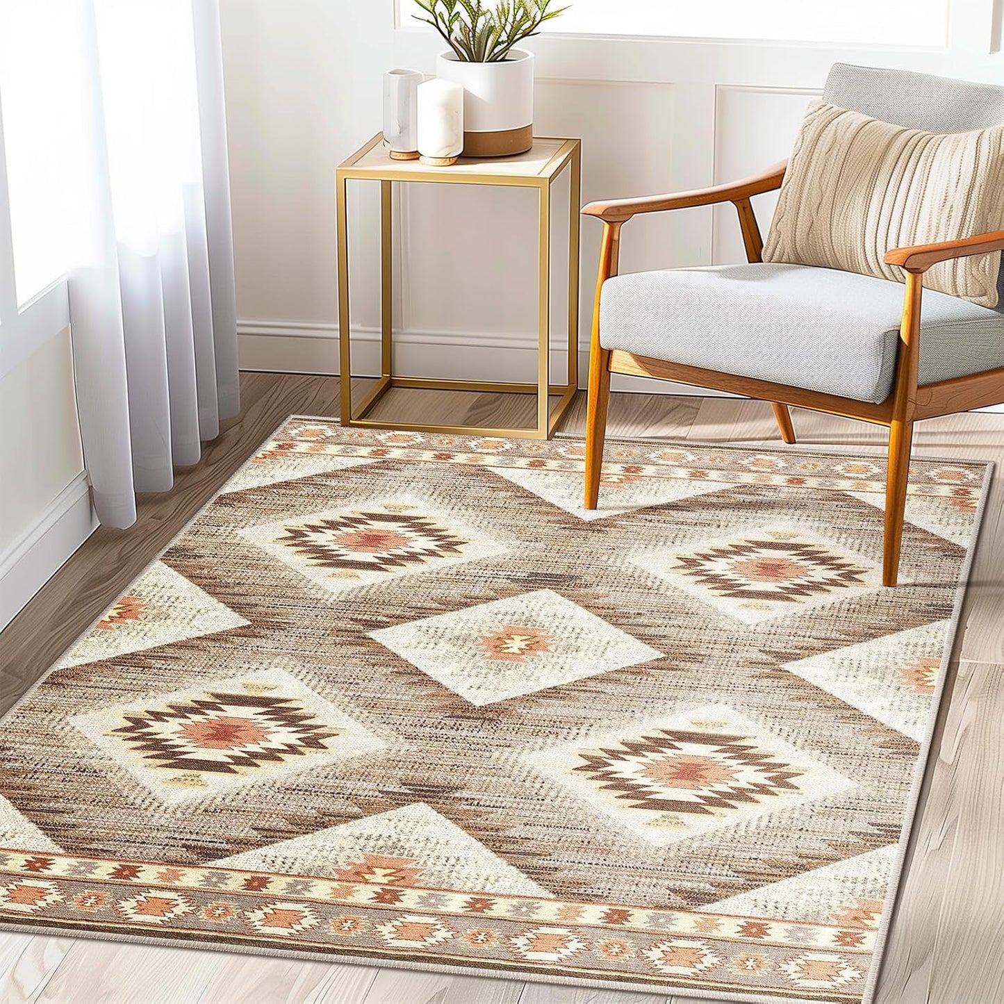 Area Rug 8x10 Rug Machine Washable Non-Slip Low Pile Print Pattern Western Rug for Living Room Bedroom Entryway Tribal Series -Cream/Camel