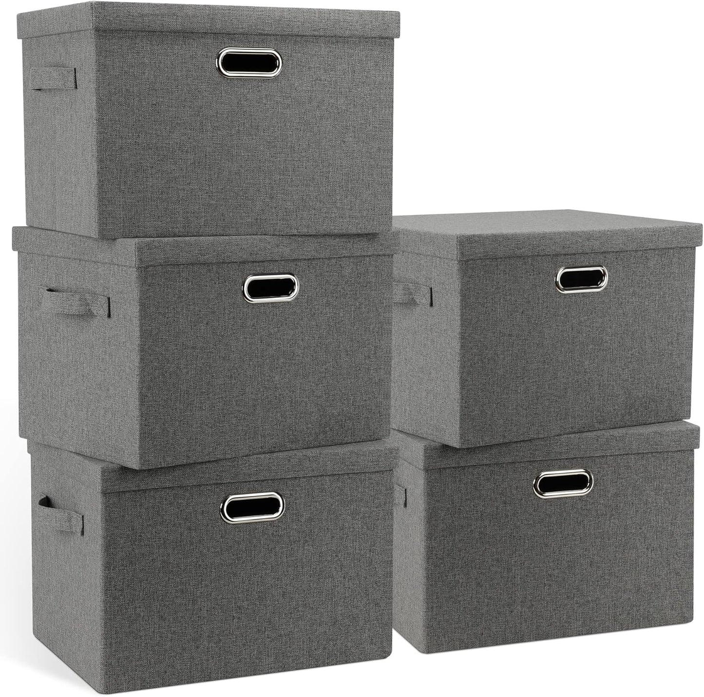 Large 17" 36 Quart Collapsible Stackable Storage Bins with Lids, 3 Packs Beige Linen Fabric Closet Boxes with Lids, Storage Cube Baskets Container Organizers for Bedroom Office(17 x12 x11)