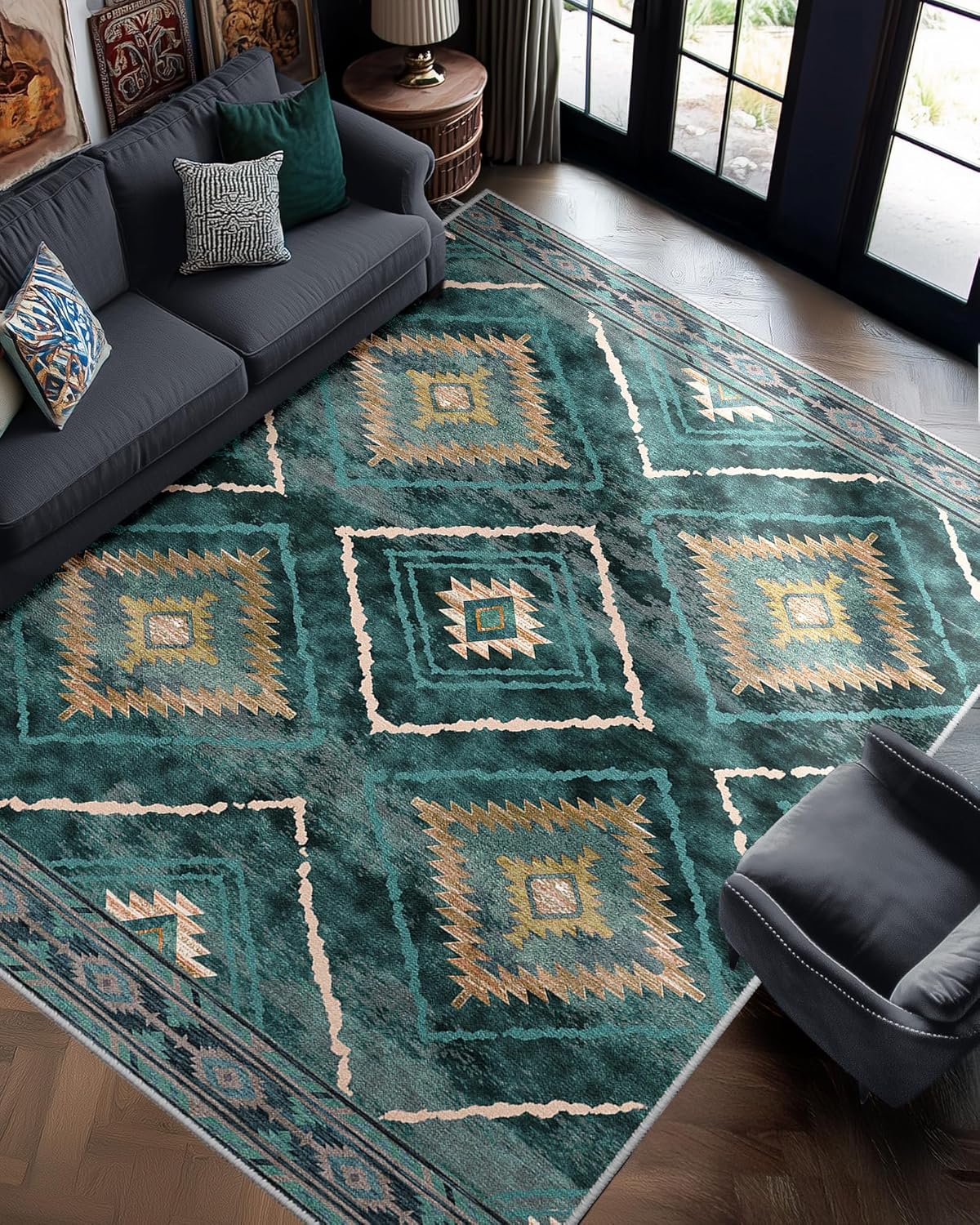 Area Rug 8x10 Rug Machine Washable Non-Slip Low Pile Print Pattern Western Rug for Living Room Bedroom Entryway Tribal Series -Cream/Camel