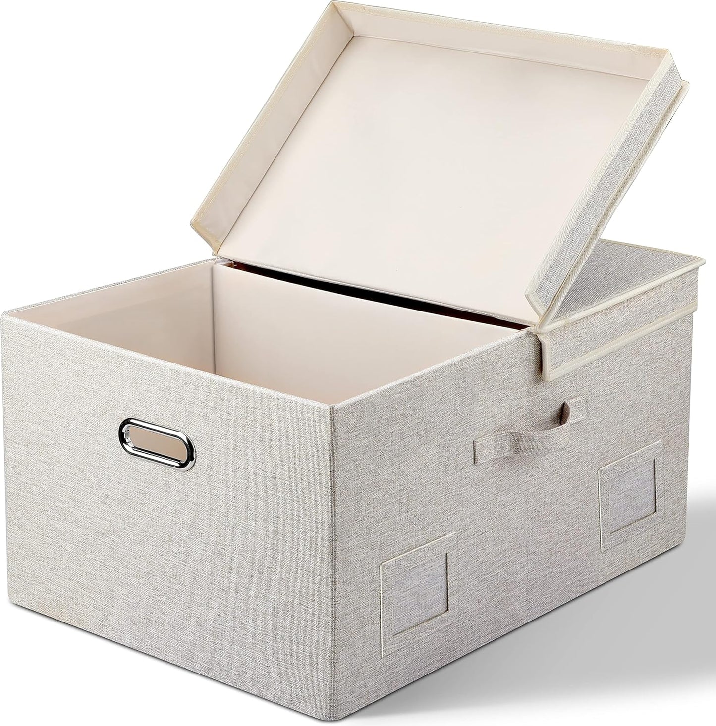 Large 17" 36 Quart Collapsible Stackable Storage Bins with Lids, 3 Packs Beige Linen Fabric Closet Boxes with Lids, Storage Cube Baskets Container Organizers for Bedroom Office(17 x12 x11)