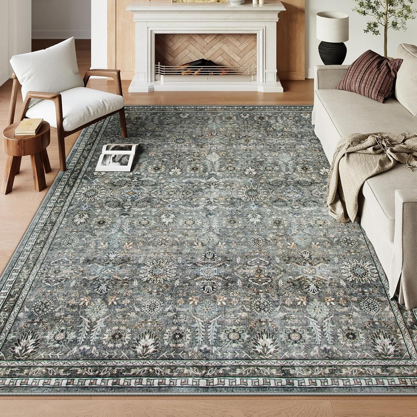 Lahome Green 8x10 Rugs for Living Room, Boho Washable Area Rugs for Bedroom, Rubber Backed Non Slip Floor Carpets for Dining Room Home Apartment, Dark Olive Green