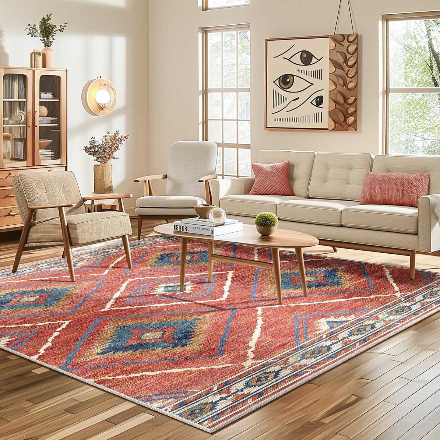 Area Rug 8x10 Rug Machine Washable Non-Slip Low Pile Print Pattern Western Rug for Living Room Bedroom Entryway Tribal Series -Cream/Camel