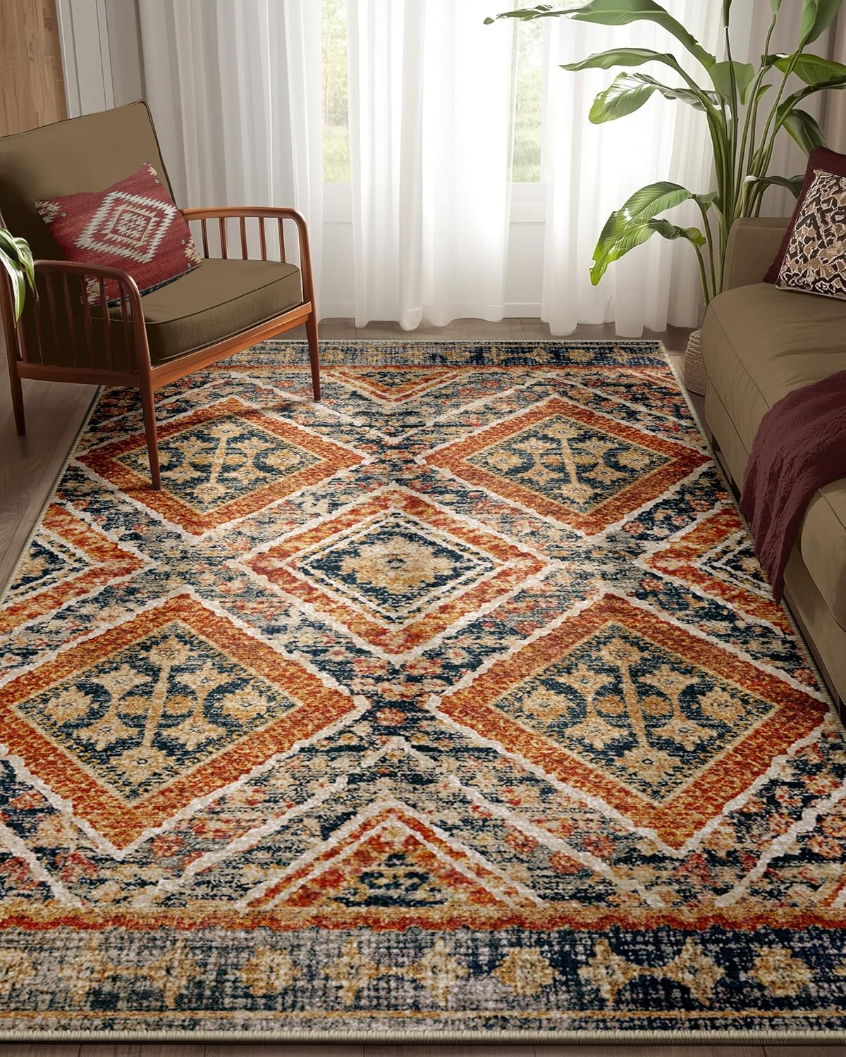 Area Rug 8x10 Rug Machine Washable Non-Slip Low Pile Print Pattern Western Rug for Living Room Bedroom Entryway Tribal Series -Cream/Camel