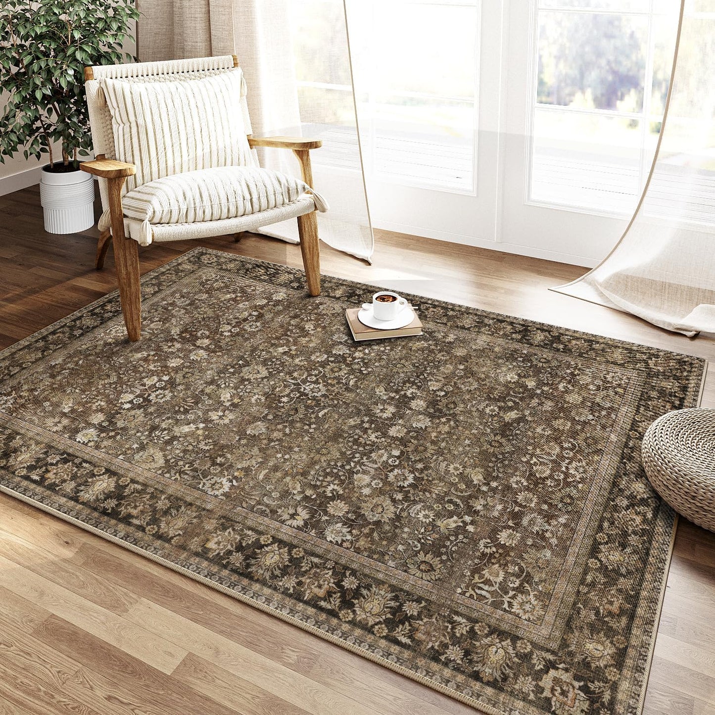 8x10 Machine Washable Rugs Brown Hallway Large Area Rug Indoor Accent Rug Floral Low Pile Carpet Soft Throw Aesthetic Rug Bedroom Living Room Office Dining Room Kitchen Laundry Room