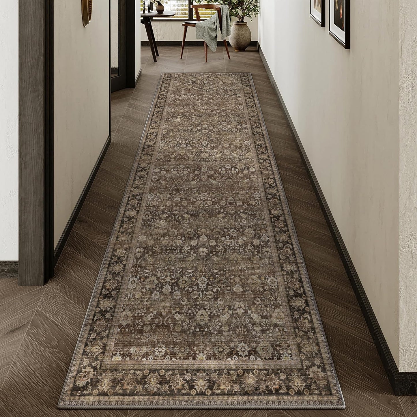 8x10 Machine Washable Rugs Brown Hallway Large Area Rug Indoor Accent Rug Floral Low Pile Carpet Soft Throw Aesthetic Rug Bedroom Living Room Office Dining Room Kitchen Laundry Room