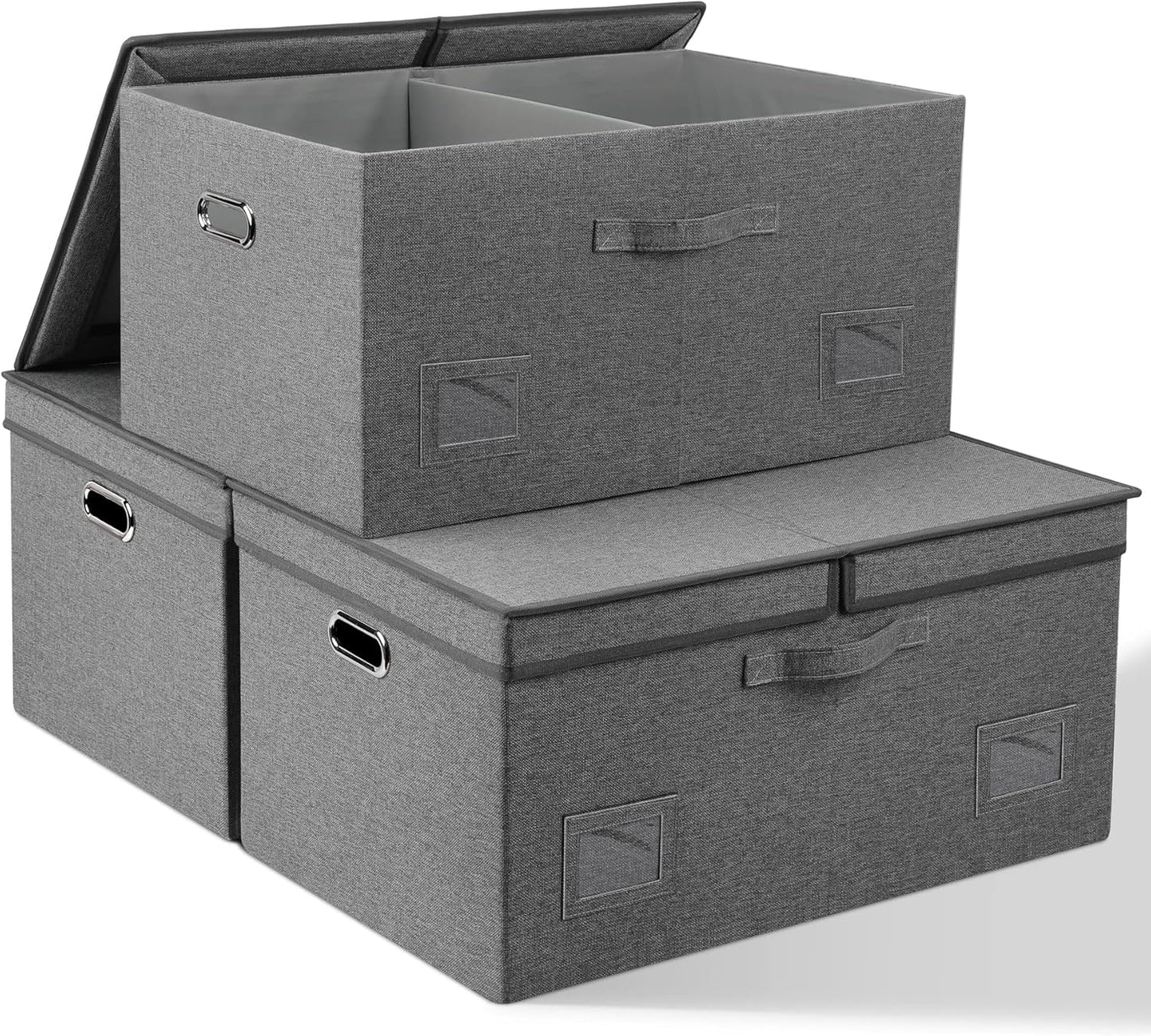 Large 17" 36 Quart Collapsible Stackable Storage Bins with Lids, 3 Packs Beige Linen Fabric Closet Boxes with Lids, Storage Cube Baskets Container Organizers for Bedroom Office(17 x12 x11)