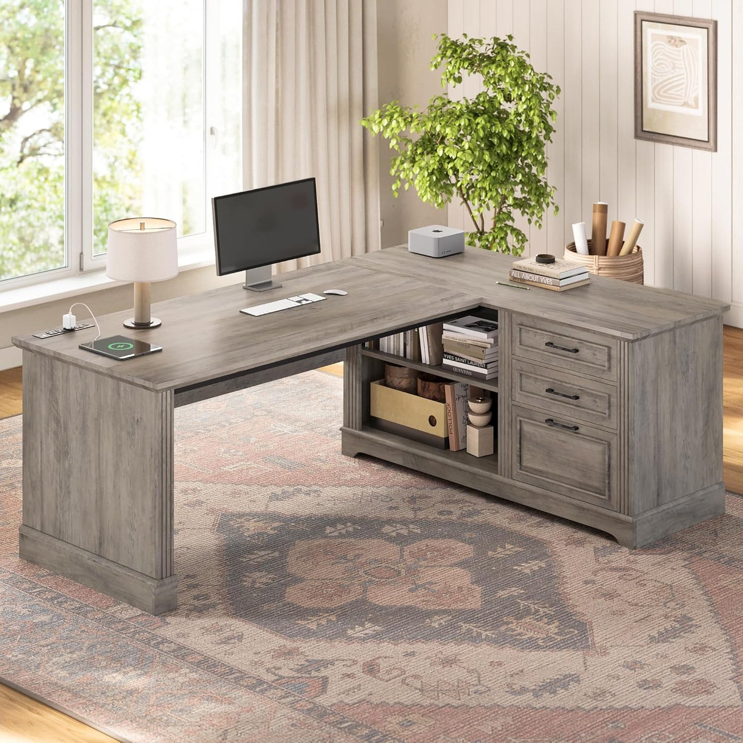 SEDETA Farmhouse 61" Executive L Shaped Desk, Home Office Desk with File Drawers, Computer Desk with Power Outlets and Storage Shelves for Home Office, White