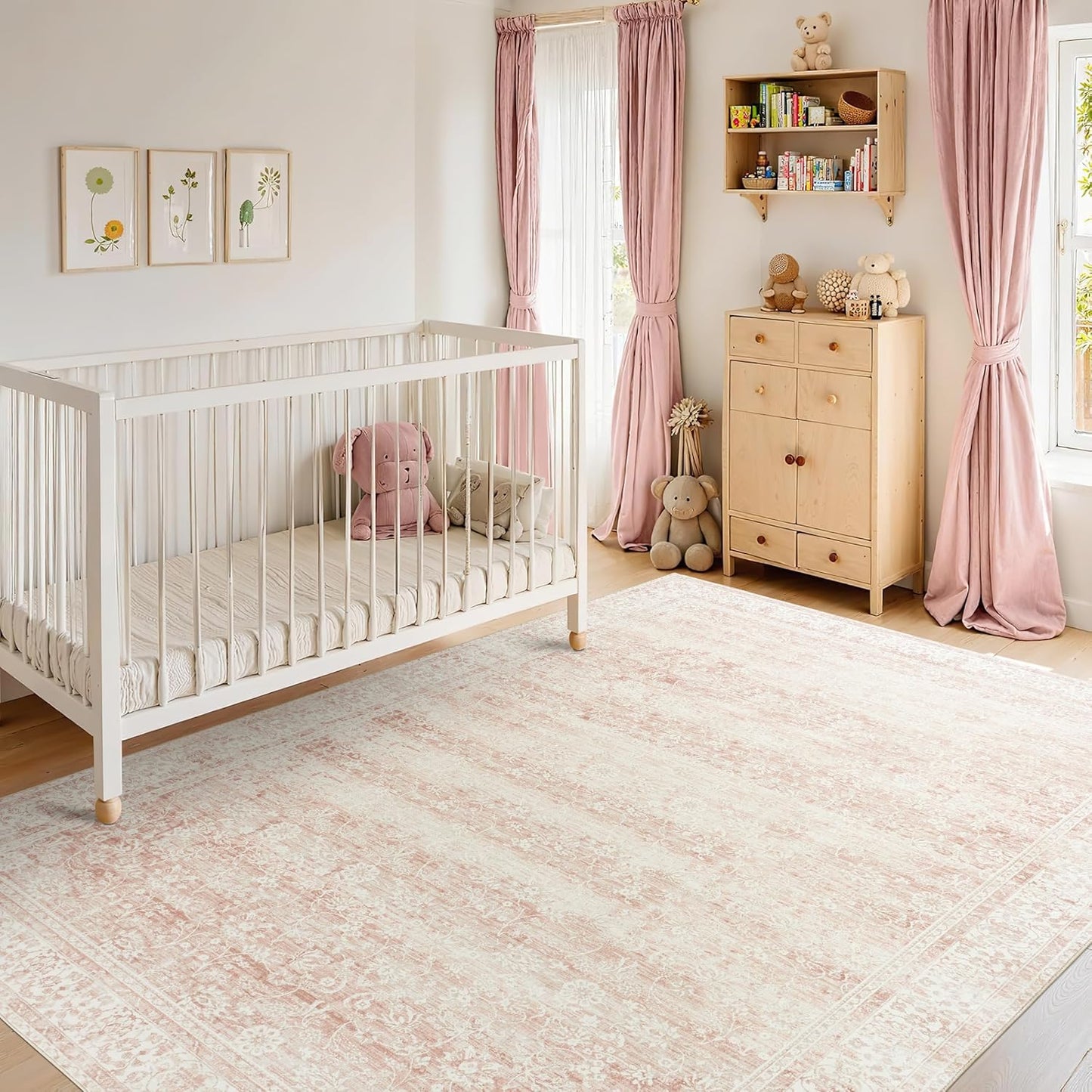 Pink Area Rug for Living Room Soft Washable Faux Wool Neutral Boho Floral Big Nursery Bed Bedroom Livingroom Carpet Size Extra Large Area Rugs 8x10