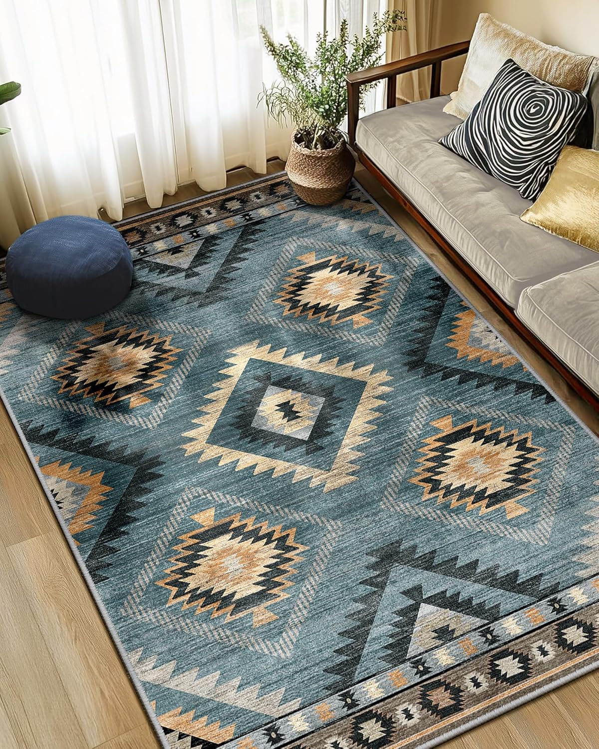 Area Rug 8x10 Rug Machine Washable Non-Slip Low Pile Print Pattern Western Rug for Living Room Bedroom Entryway Tribal Series -Cream/Camel