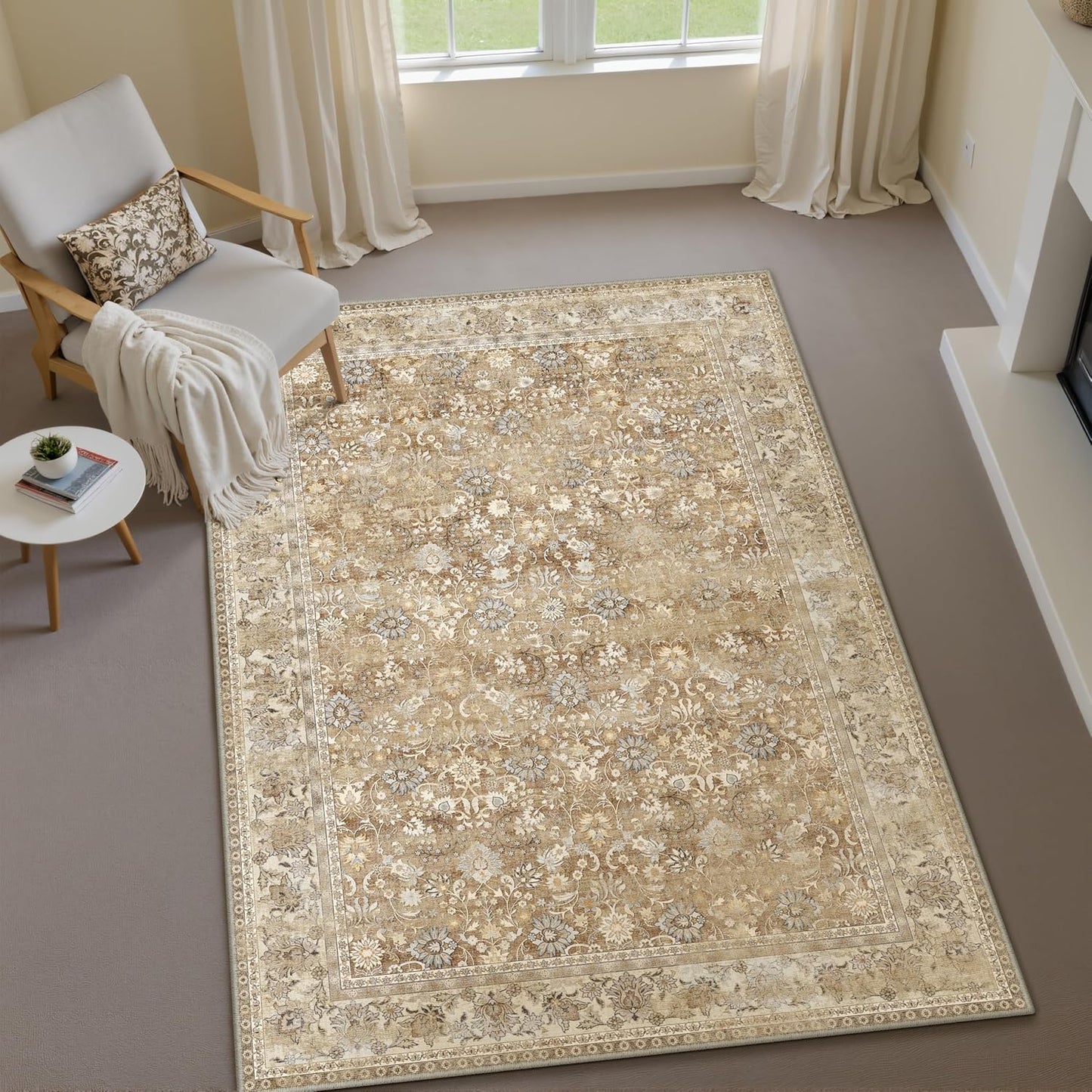 8x10 Machine Washable Rugs Brown Hallway Large Area Rug Indoor Accent Rug Floral Low Pile Carpet Soft Throw Aesthetic Rug Bedroom Living Room Office Dining Room Kitchen Laundry Room