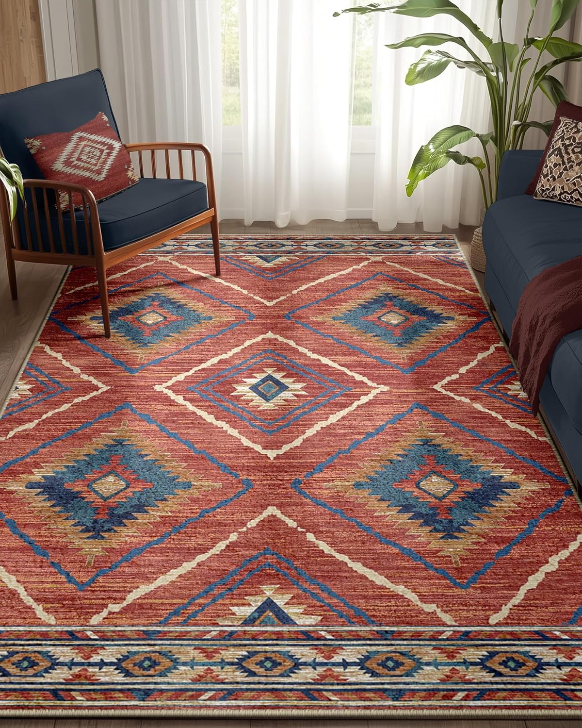 Area Rug 8x10 Rug Machine Washable Non-Slip Low Pile Print Pattern Western Rug for Living Room Bedroom Entryway Tribal Series -Cream/Camel